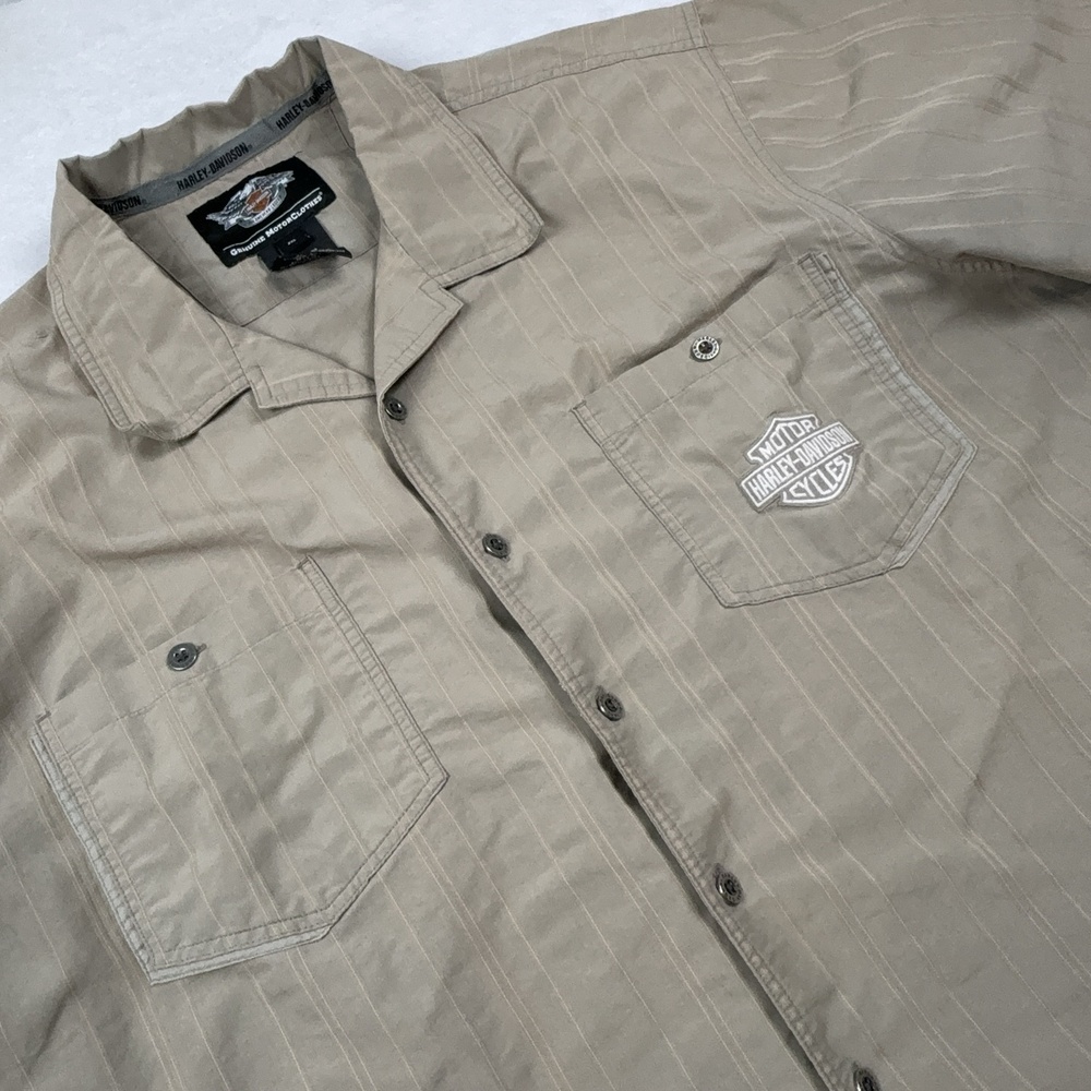 Harley-Davidson Button Up Shirt Men 2XL Beige Short Sleeve Twill Relaxed Fit